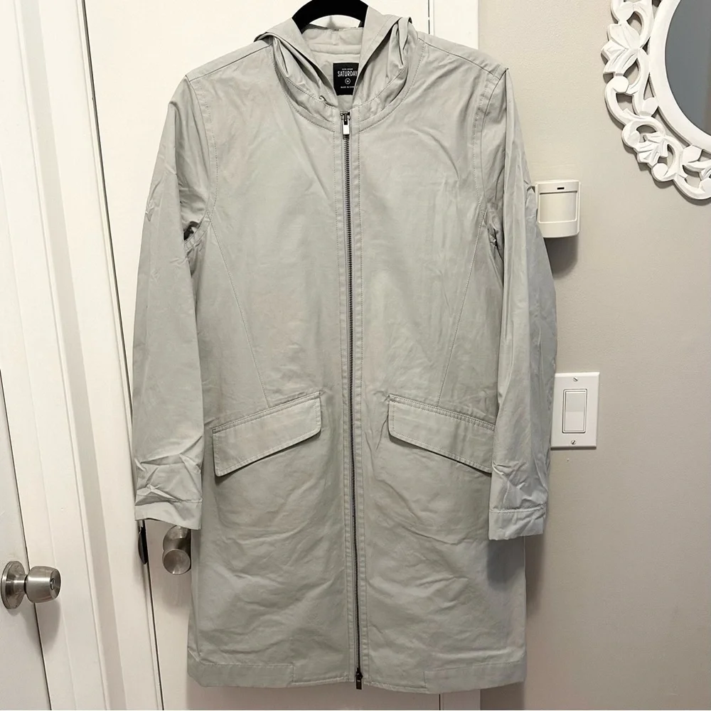 Kate Spade Saturday Gray Rain Trench Coat M Unlined Hooded Full Zip Pockets